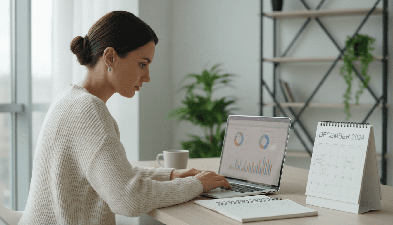 Professional woman working at modern desk with laptop, calendar, and notebook, focused and organized, natural light