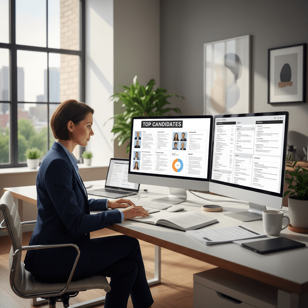 A professional recruiter reviewing candidate resumes and applications at a modern office desk.