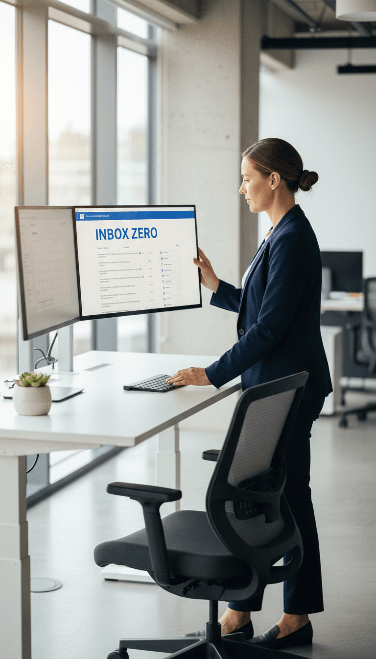 Professional working at desk with calendar and email interface on computer screen bright modern office