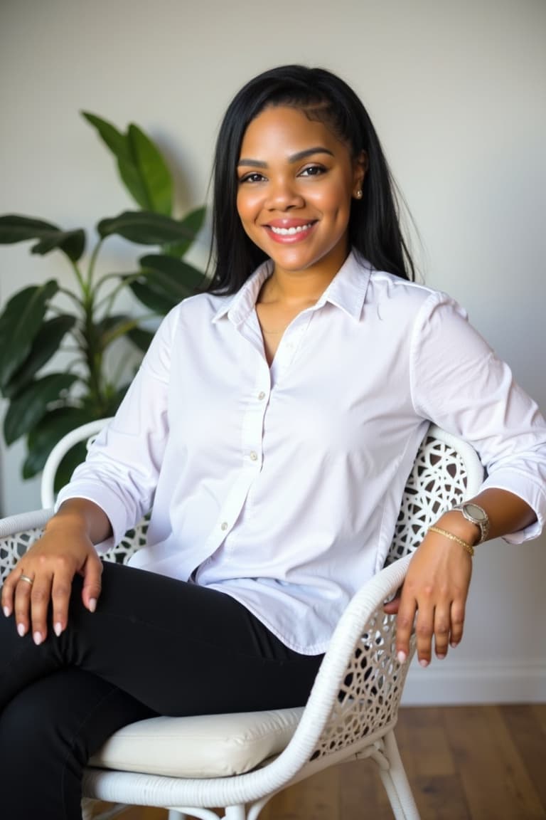 Smiling Black woman in a white button-down shirt sitting in a white wicker chair.