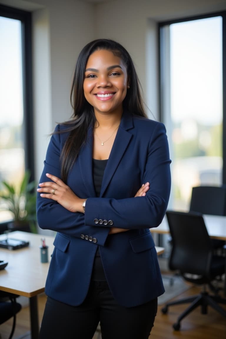 Smiling professional woman in a navy blazer standing with arms crossed in a bright office.