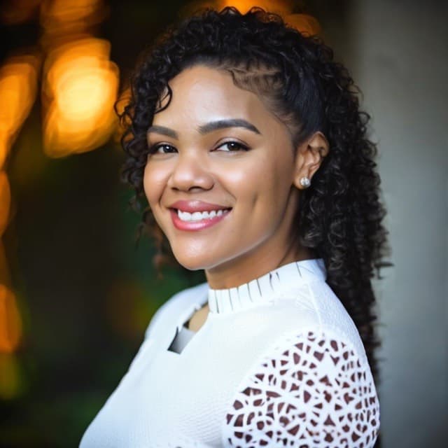 Smiling woman with dark curly hair and dimples wearing a white top with lace sleeves.